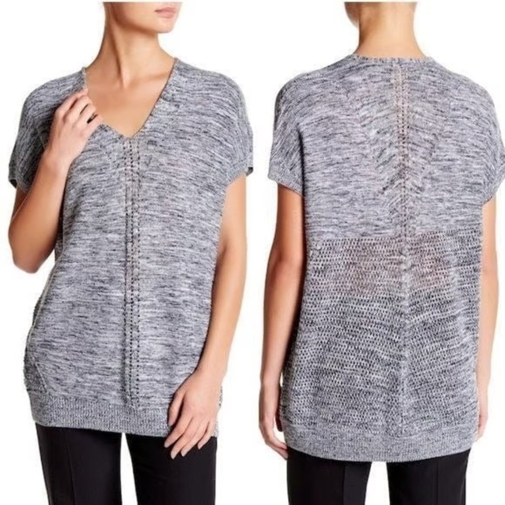 VINCE Women’s Short-Sleeve V-Neck Tunic Sweater Blue/White Marled Knit‎ Medium